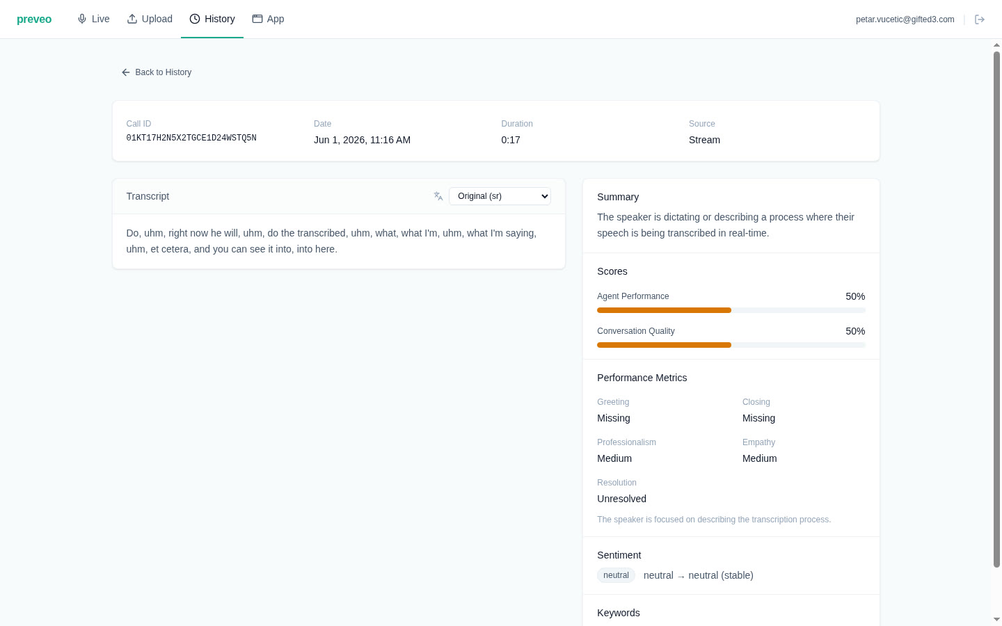 Preveo call analysis: transcript alongside AI scores, performance metrics and sentiment.